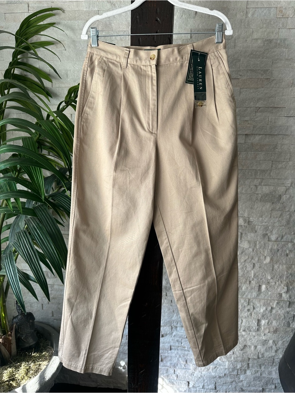 Lauren Ralph Lauren Pebble Tan Khaki Pleated Cotton Trousers Size 10 New Tags